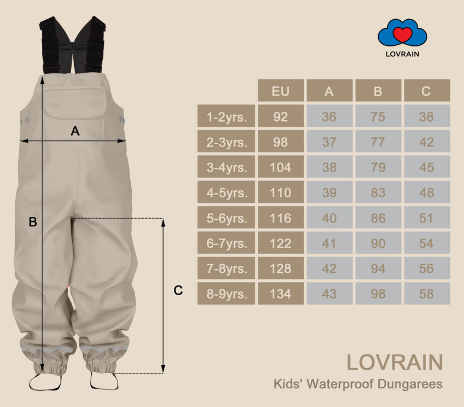 LOVRAIN Waterproof Dungarees Size Chart